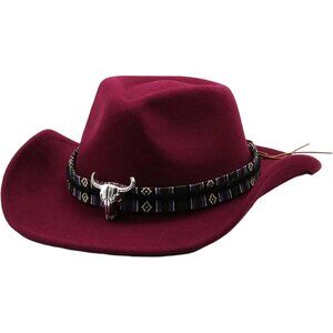 Unisex Wine 100% Polyester Bull Skull Patterned Band Classic Fedora Cowboy Hat